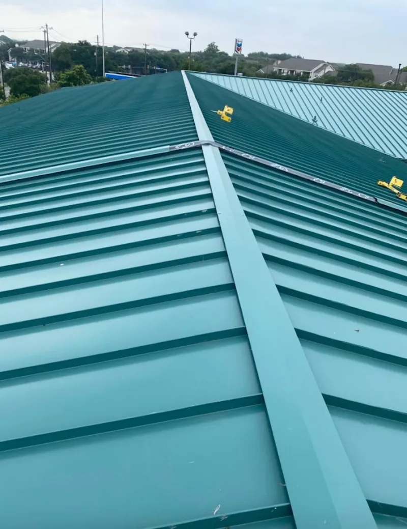 Green commercial metal roof ridge and valley for Metal Roof Repair in Moreno Valley